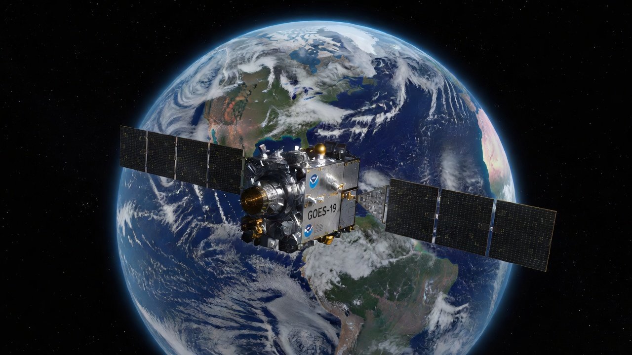 A photorealistic image of the GOES-19 satellite in orbit around Earth