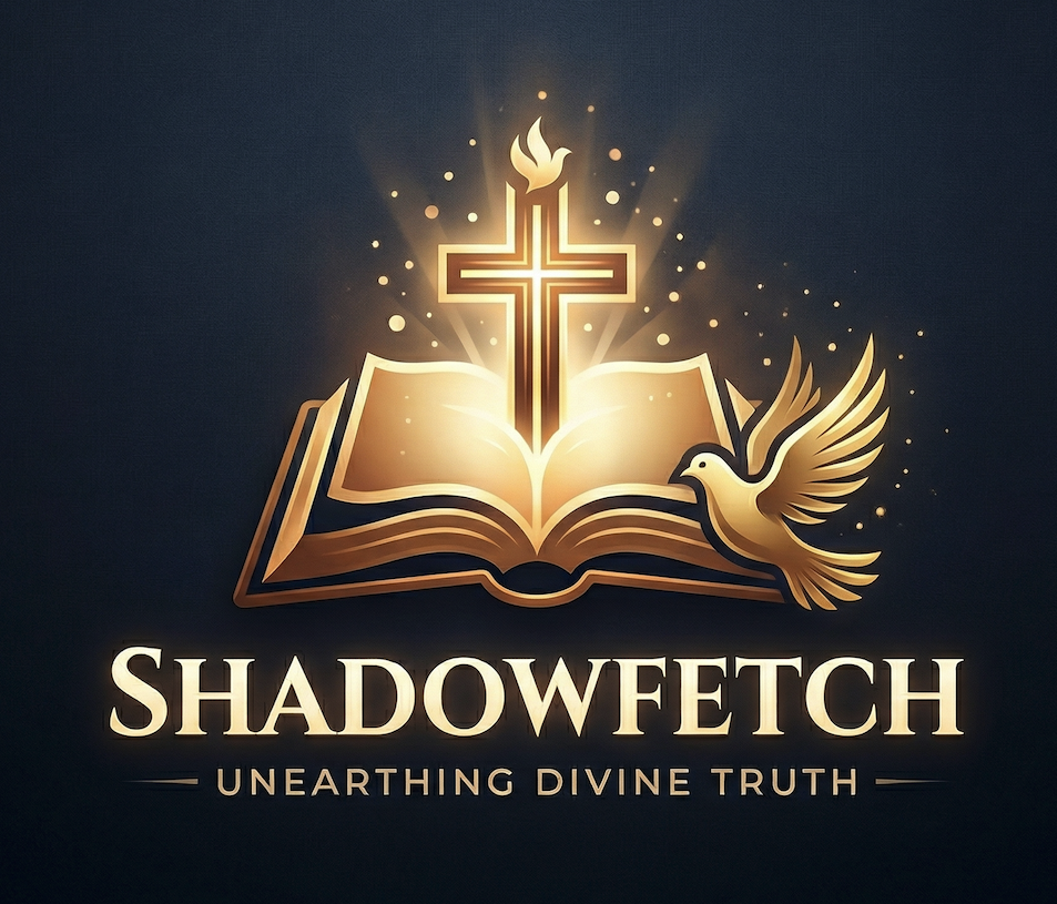 Shadowfetch logo with a glowing Bible, cross, dove, and the words Unearthing Divine Truth