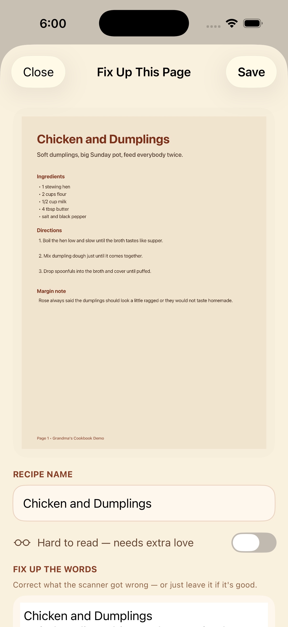 Grandma's Cookbook page editor