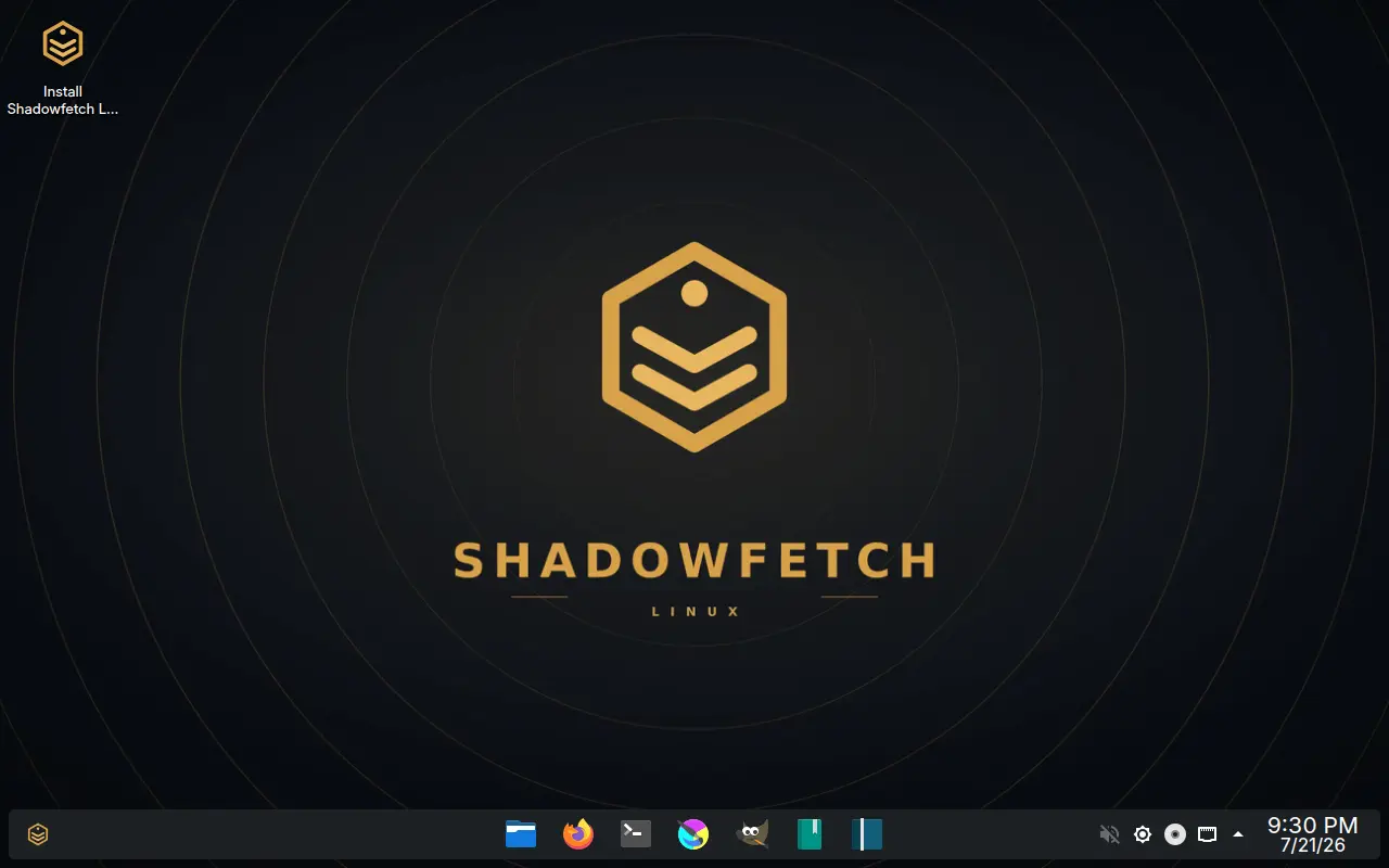 A dark KDE Plasma 6 desktop. A large gold hexagonal Shadowfetch emblem sits centred on near-black wallpaper above the wordmark SHADOWFETCH LINUX, with faint concentric rings behind it. A floating panel along the bottom holds a file manager, Firefox, a terminal, Krita, GIMP and two other launchers, with a clock at the right. An Install Shadowfetch Linux icon sits in the top-left corner of the desktop.