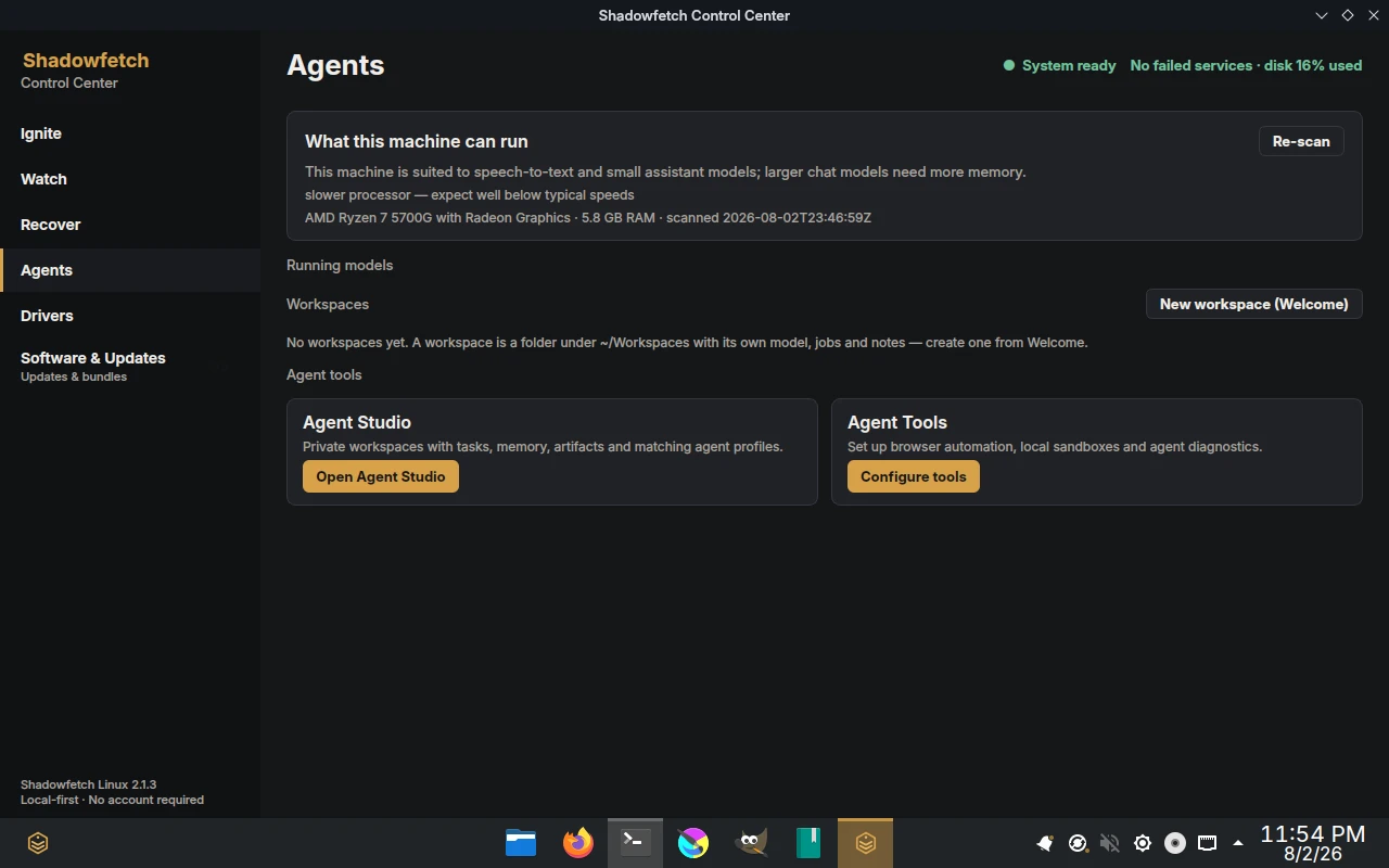 The Control Center Agents page: the hardware and AI compatibility scanner, private agent workspaces, and Agent Studio