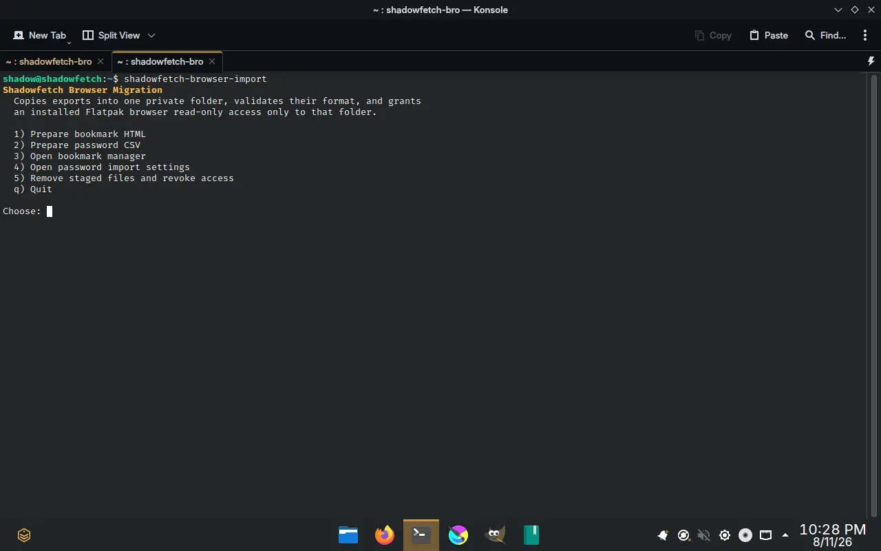 Shadowfetch Linux 2.1.4 browser migration assistant