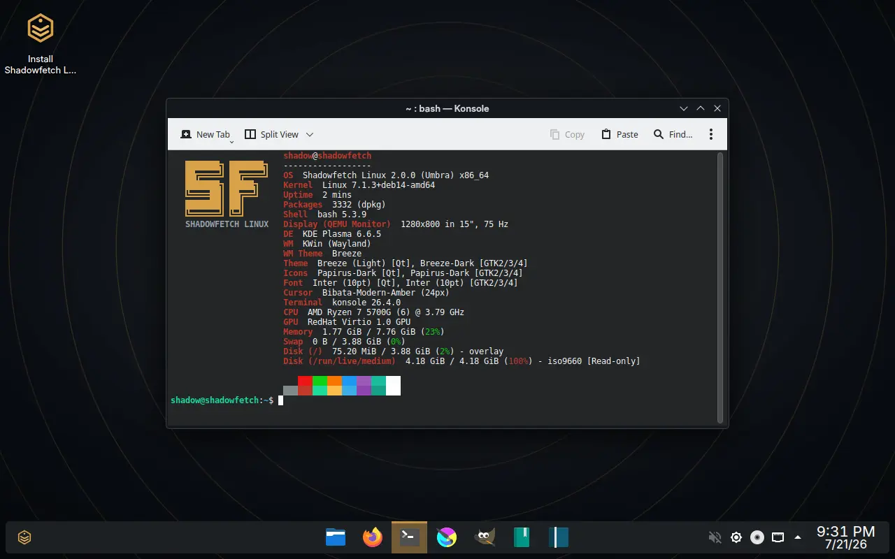 A Konsole terminal running fastfetch. An ASCII-art SF logo in gold sits on the left above the words SHADOWFETCH LINUX. The report to the right lists: OS Shadowfetch Linux 2.0.0 Umbra x86_64, Kernel Linux 7.1.3+deb14-amd64, Uptime 2 mins, Packages 3332 dpkg, Shell bash 5.3.9, Display 1280x800 at 75 Hz, DE KDE Plasma 6.6.5, WM KWin on Wayland, Breeze theme with Papirus-Dark icons and the Inter font, Terminal konsole 26.4.0, CPU AMD Ryzen 7 5700G, GPU RedHat Virtio 1.0, Memory 1.77 GiB of 7.76 GiB used, and a live medium of 4.18 GiB mounted read-only as iso9660. A row of colour swatches sits underneath.
