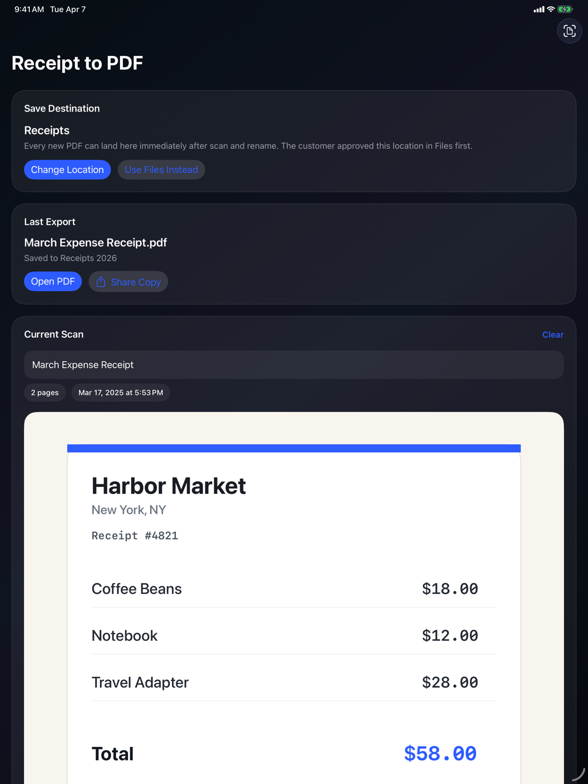 Receipt to PDF iPad export screen