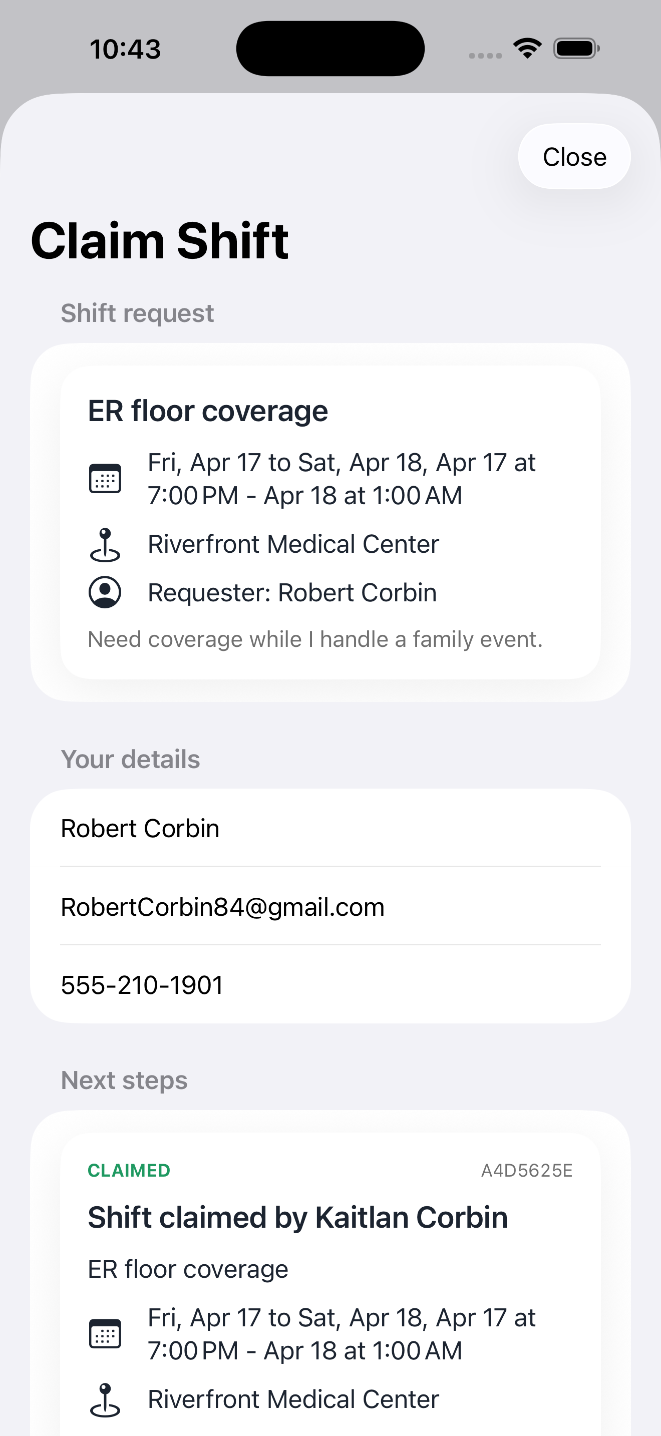 Shift accepted screen